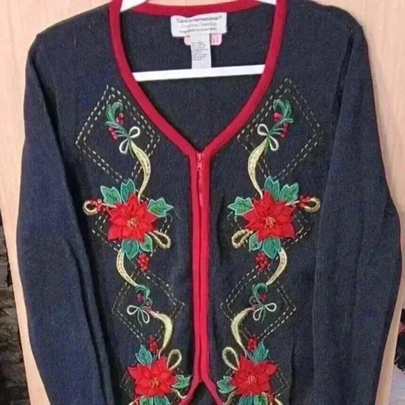 Tiara International Large Holiday Christmas Sweater/Jacket Front Zip Black & Red - Picture 1 of 5